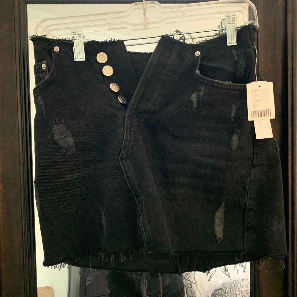 Distressed Black Denim Skirt